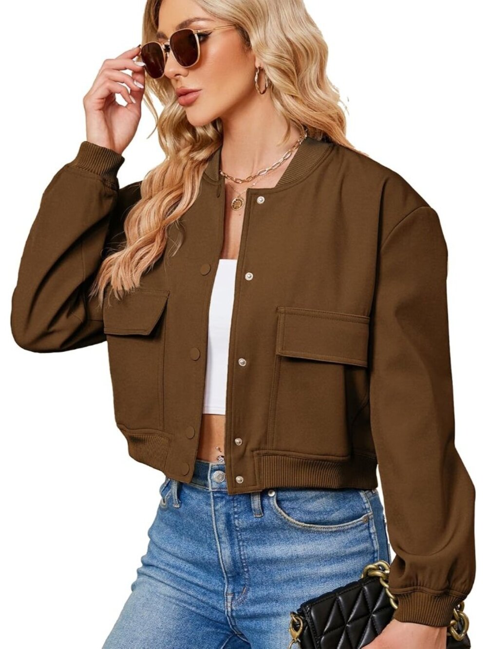 Women's Brown Stylish Short Trendy Casual Lightweight Side Pocket Bomber Jackets